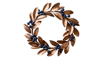 Isolated elegant bronze leaf and blue berry wreath, classic decorative festive element © Michal