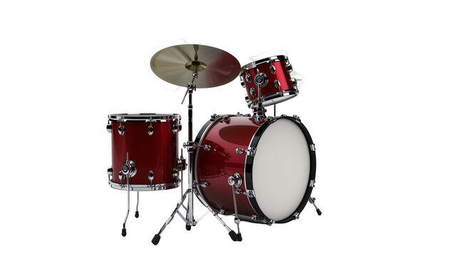 Isolated red drum kit, musical instrument for percussion and rhythm performance