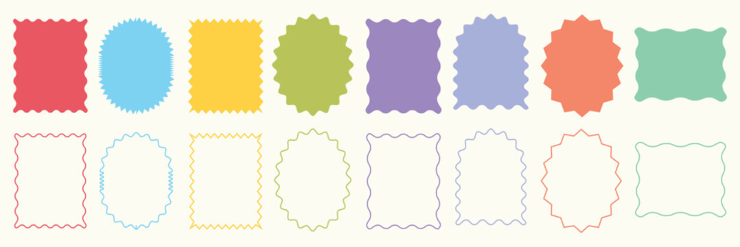 Color rectangle frames with wiggly borders. Different wavy shapes with squiggly edge border. Set of Zigzag wavy edges, rectangles, photo frames, text boxes, labels. Scallop frame set