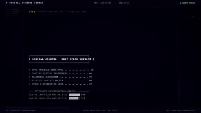Sci-Fi Orbital Command Center HUD Interface with Satellite Telemetry and Space Mission Data.