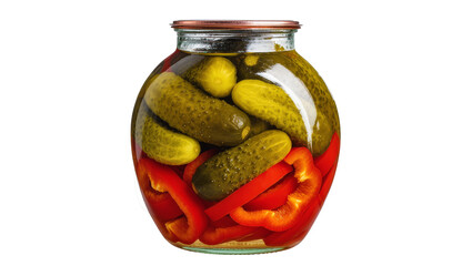 Isolated glass jar full of pickled gherkin cucumbers and sliced red bell pepper