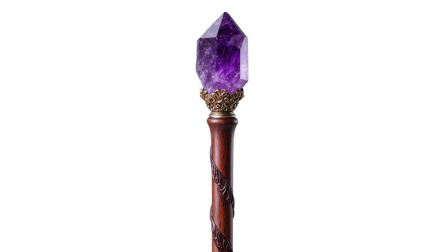 Isolated ornate magical staff with sparkling purple amethyst crystal and carved wood details