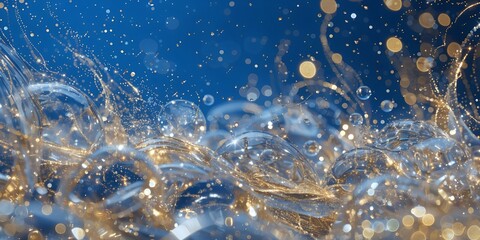 Fototapeta premium Luxury golden bubbles sparkling on deep blue abstract water background for celebration and premium design