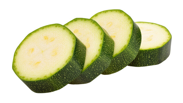 Isolated fresh raw zucchini slices arranged diagonally, healthy organic green vegetable food