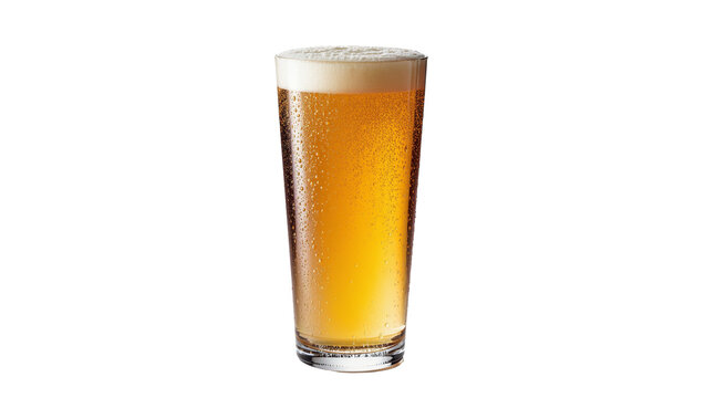 Isolated cold refreshing pilsner beer in a clear pint glass with froth and bubbles