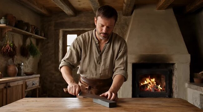 Man carefully sharpens a knife in a rustic kitchen with warm lighting