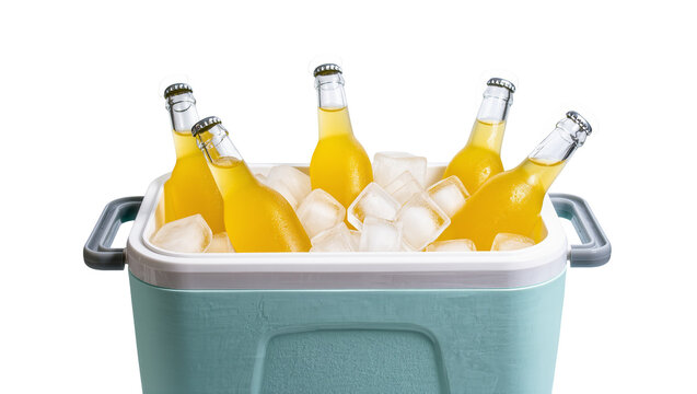 Isolated portable cooler box brimming with ice cubes and refreshing yellow capped beverage bottles