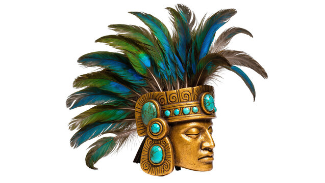 Isolated ancient Mesoamerican golden ceremonial headdress with vibrant quetzal feathers and turquoise jewelry
