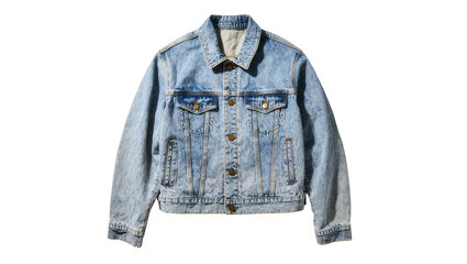 Isolated classic light wash denim jacket, fashionable casual everyday apparel garment