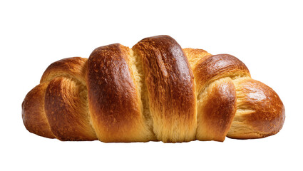 Isolated braided loaf of fresh golden-brown sweet bread, baked for breakfast or holiday
