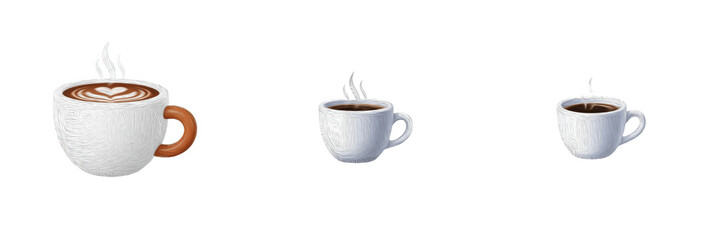 Obraz premium Set of 3D Coffee Cup Icons with Latte Art and Steaming Hot Black Coffee Isolated on White Background PNG