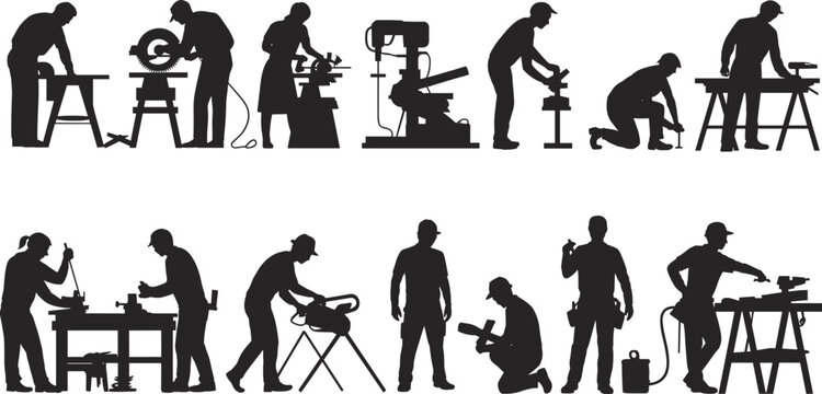 Construction workers silhouettes carpenters builders using tools workshop industry labor isolated black figures professional work flat vector illustration set