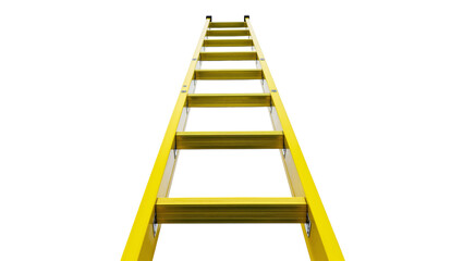 Isolated bright yellow industrial fiberglass extension ladder leading upwards perspective © Isabel