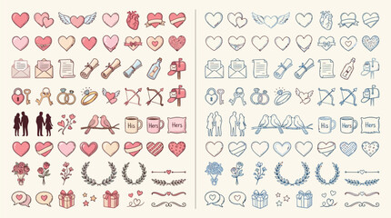 A collection of hand-drawn icons representing love, romance, and celebrations, featuring hearts, rings, doves, and wedding-related symbols in pink and blue.