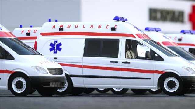 Ambulances Parked Outside Hospital Showcasing Emergency Medical Vehicles with Red and White Markings, Blue Lights, and Urgency Preparedness