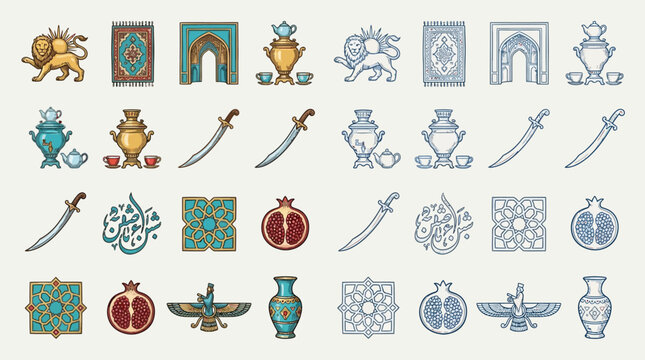 A collection of traditional Persian cultural symbols and motifs, including lions, carpets, arches, samovars, swords, calligraphy, geometric patterns, pomegranates, and Faravahar.
