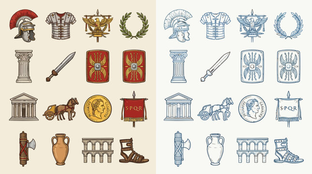Collection of Roman Empire symbols and artifacts, including helmets, armor, weapons, architecture, and currency, presented in two color schemes.
