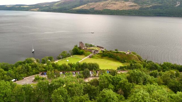 High Angle View of Medieval Urquhart Castle Fortress in the Scottish Highlands at Loch Ness