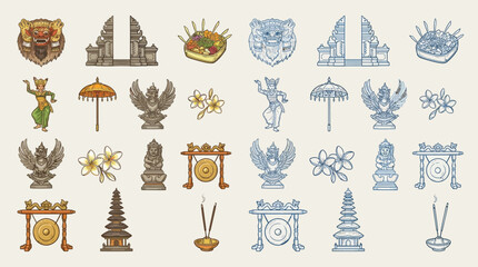 Collection of Balinese cultural symbols and elements, including temples, dancers, mythical creatures, and offerings, presented in a stylized illustration. © renender