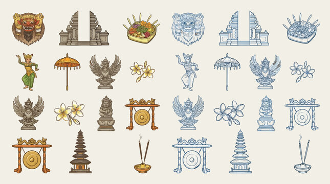 Collection of Balinese cultural symbols and elements, including temples, dancers, mythical creatures, and offerings, presented in a stylized illustration.