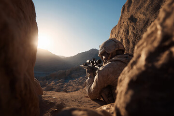 Camouflaged sniper adjusting rifle scope in desert environment, behind rocky outcrop, with tactical gear