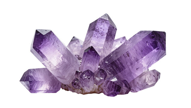 Isolated beautiful cluster of purple amethyst crystals, natural transparent gemstone mineral.