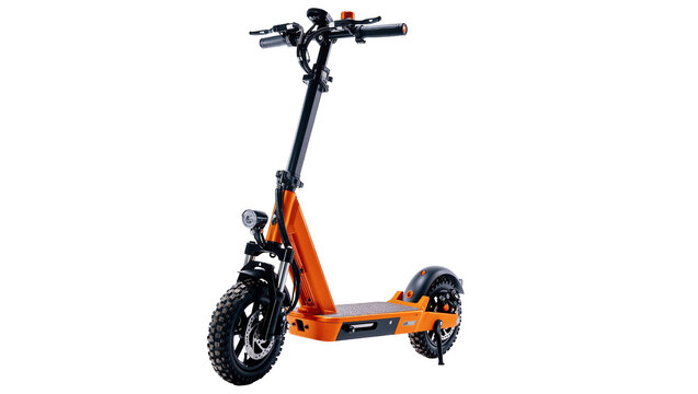 Isolated powerful orange electric scooter with thick tires for urban commuting and adventure
