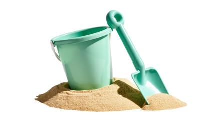 Isolated plastic beach bucket and shovel toy on sand for children's summer playtime © Elena