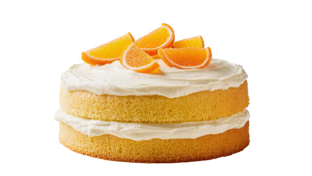 Isolated delicious two-layer vanilla sponge cake with white frosting and candied orange slices