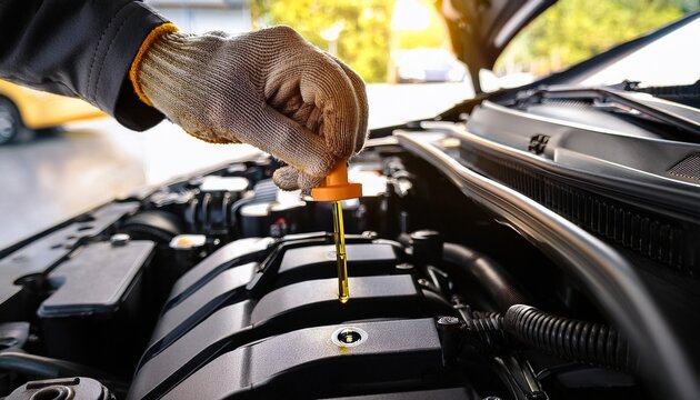 inspecting the oil level with a dipstick in a vehicle s engine bay during routine maintenance