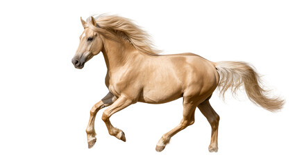 Isolated golden palomino horse galloping with flowing mane and tail in dynamic action © Elena