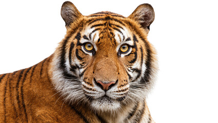 Obraz premium Isolated close-up portrait of a majestic adult tiger with intense gaze looking at camera