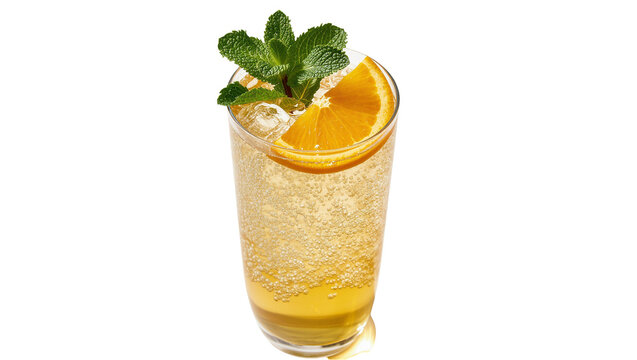 Isolated refreshing bubbly orange drink with mint and ice in a tall glass, perfect for summer.