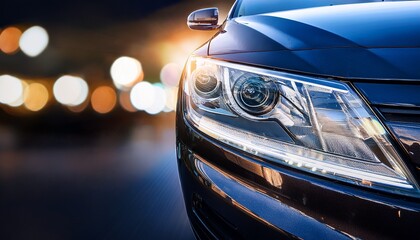 close up of a cars headlight at night with sleek modern design and bokeh lights representing car dealerships vehicle sales and service repairs the image captures the allure generative ai