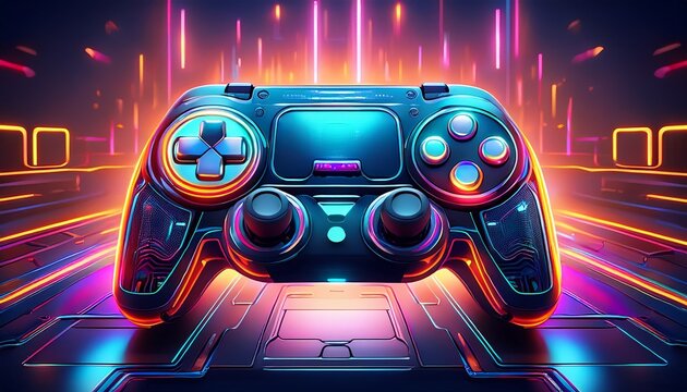 cyberpunk playstation controller with neon lights in background