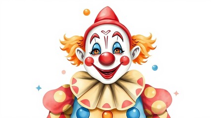 Naklejka premium Cute watercolor circus clown with colorful costume and red nose, playful illustration isolated on white background, cheerful carnival character.
