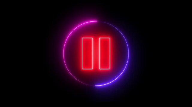 Glowing neon media player pause icon animation video and audio play stop control circle pause button sign symbol on black background