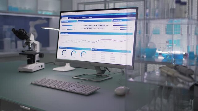 Biochemistry research laboratory for research of human disease. Computer screen displaying test results