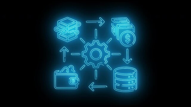 Neon blue flowchart diagram with gear, arrows, and icons for data, documents, and money on a dark background with a technological mood.