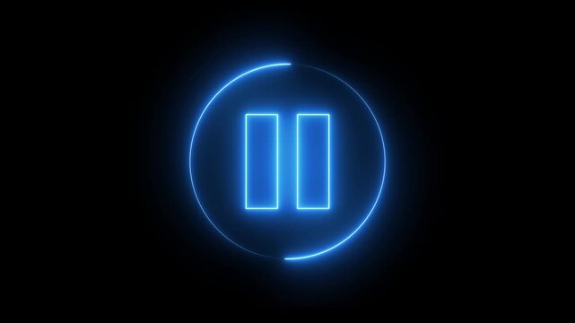 Glowing neon media player pause icon animation video and audio play stop control circle pause button sign symbol on black background