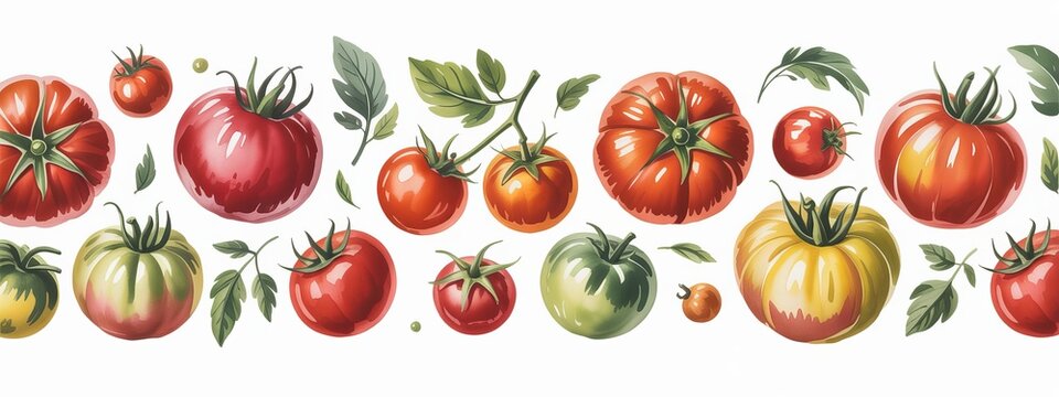 A watercolor illustration of ripe red and green tomatoes with leaves on a white background yellow
