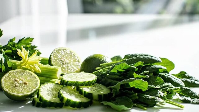 4K cinematic detox advertising background with green ingredients arranged along the bottom edge: cucumber, lime, celery and spinach, bright natural lighting with empty upper space for text