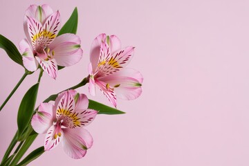 Fototapeta premium Three delicate pink alstroemeria flowers with yellow centers and dark pink stripes against a soft pink background