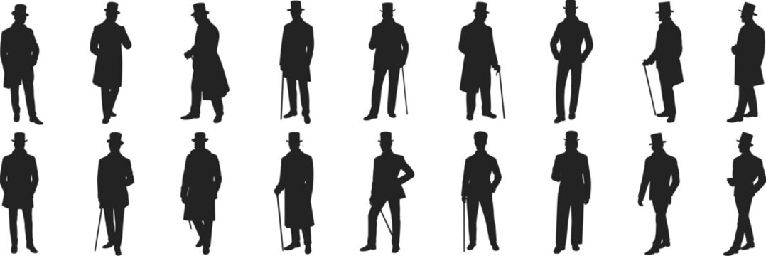 Vintage gentleman silhouettes walking men with cane and top hat Victorian style elegant male figures black vector illustration set