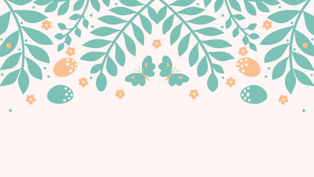 Easter frame with leafy branches and decorative eggs on white background