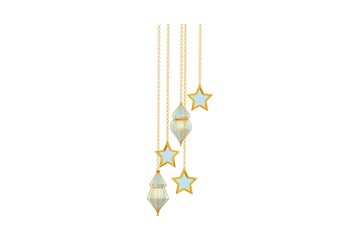 Decorative Ramadan Lanterns and Stars Hanging on Gold Chains Islamic Holiday Elements