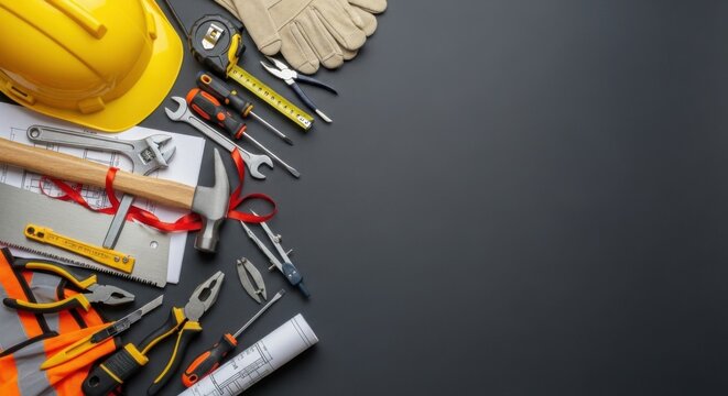 construction tools and equipment on black background