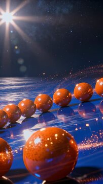 Vertical video: Cam pulling back orange spheres and right sphere mirroring blue, dust moving to fl