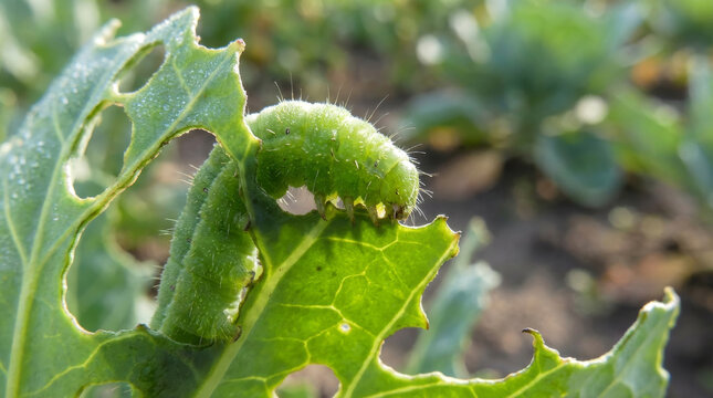 Green caterpillar eating a cabbage leaf, showing vegetable garden pest damage.