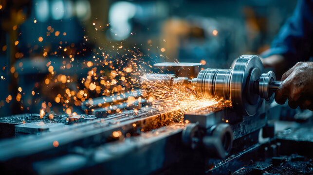 Skilled worker operating a lathe machine in a factory creating bright orange sparks while shaping a metallic cylindrical object with precision tools